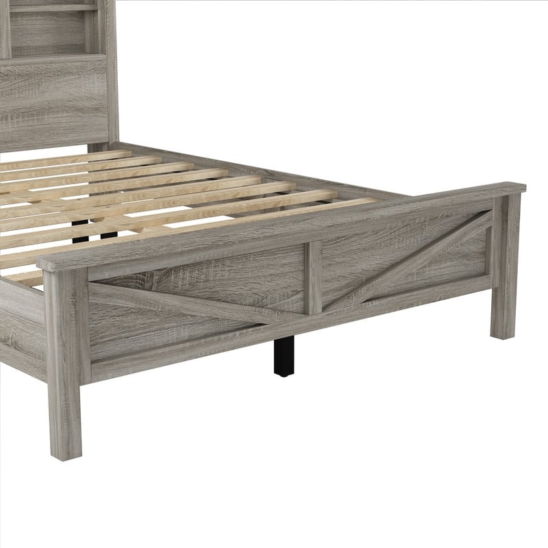 3-Pieces Farmhouse Bedroom Sets, Platform Bed with Sliding Door Storage Headboard and Charging, Nightstand and Dresser