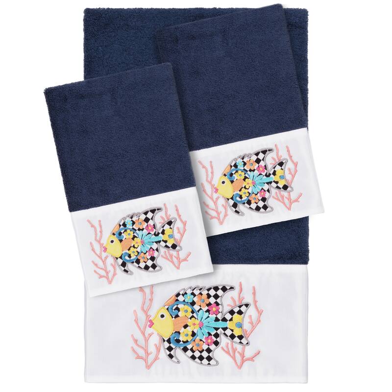 Authentic Hotel and Spa 100% Turkish Cotton FELIZ 3PC Embellished Towel Set - Midnight Blue