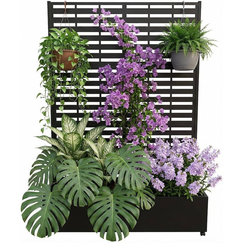 72"*47"*16" Raised Garden Bed with Trellis, Planter Box with Privacy Screen, Wheels for Climbing Plants - Black