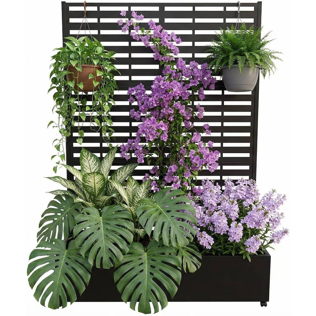 72"*47"*16" Raised Garden Bed with Trellis, Planter Box with Privacy Screen, Wheels for Climbing Plants