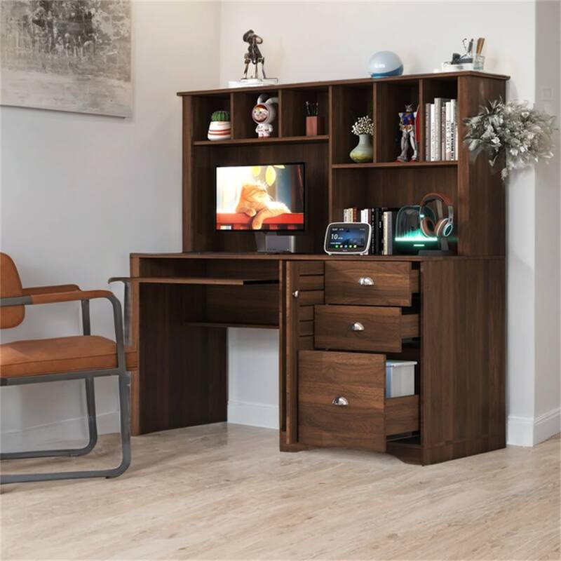 Wood Home Office Computer Desk with Hutch and Drawers