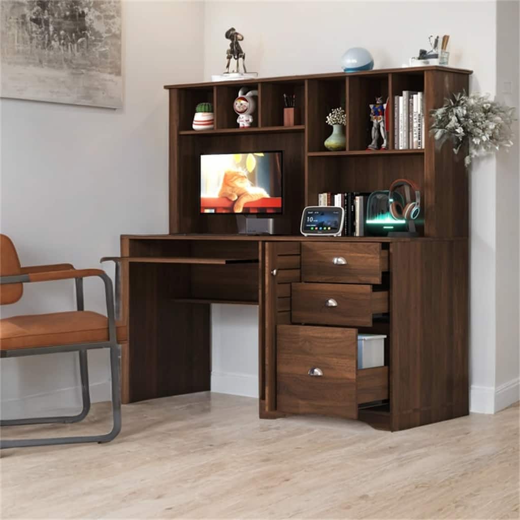 Wood Home Office Computer Desk with Hutch and Drawers