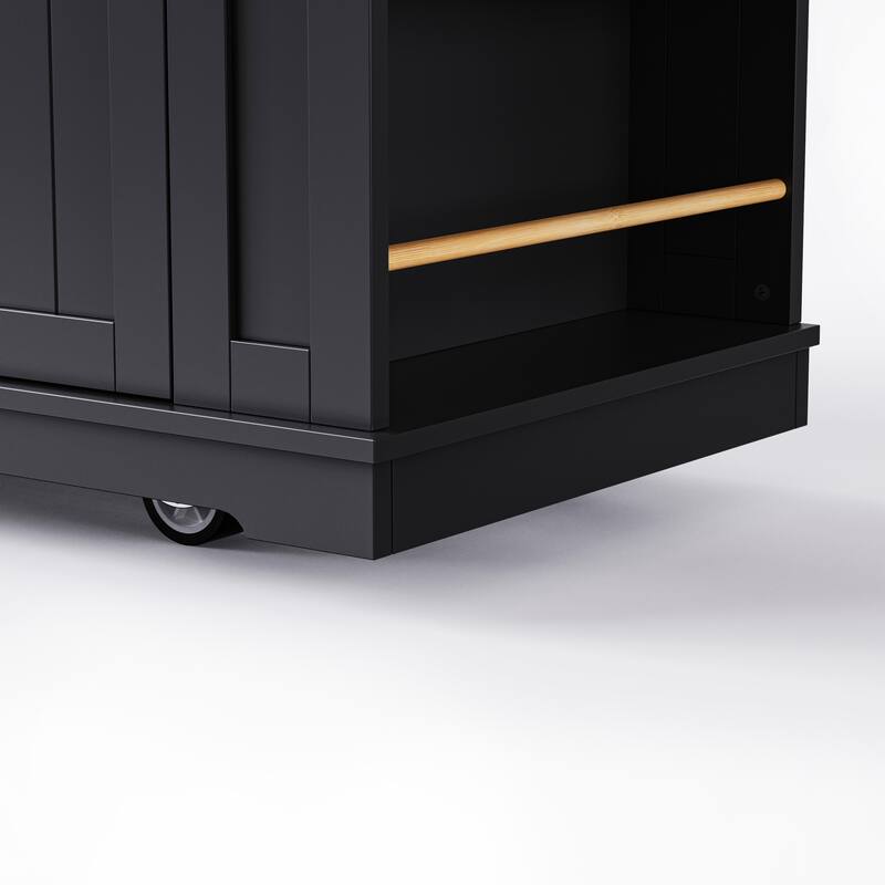 Large Rolling Kitchen Island with Open Side Racks, Wood Spice Storage Cabinet wDrop Leaf, Power Outlet and Internal Storage Rack