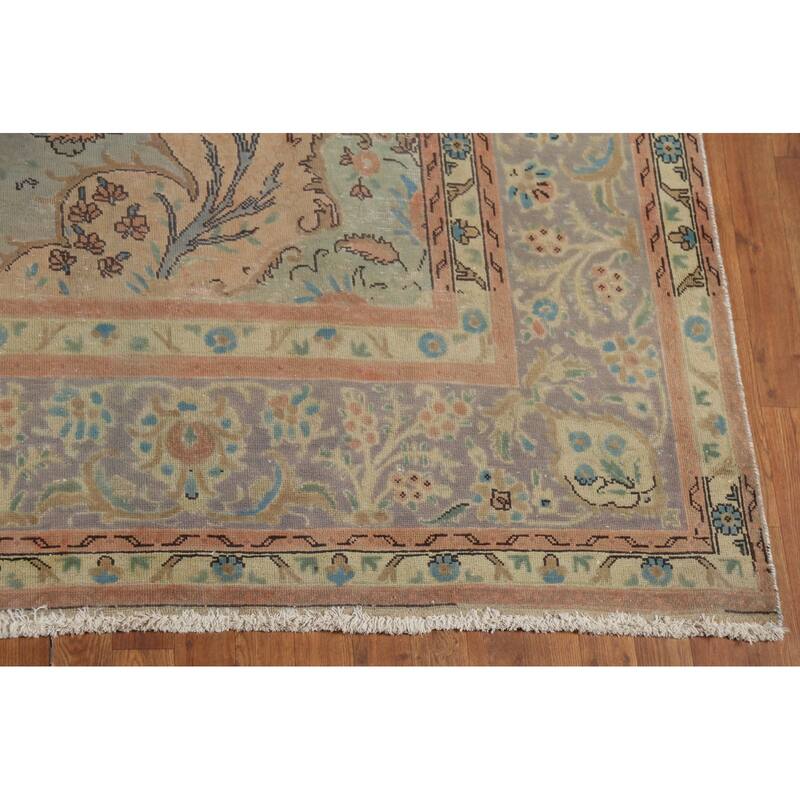 Floral Green Tabriz Persian Vintage Area Rug Hand-Knotted Wool Carpet - 9'7"x 12'11"