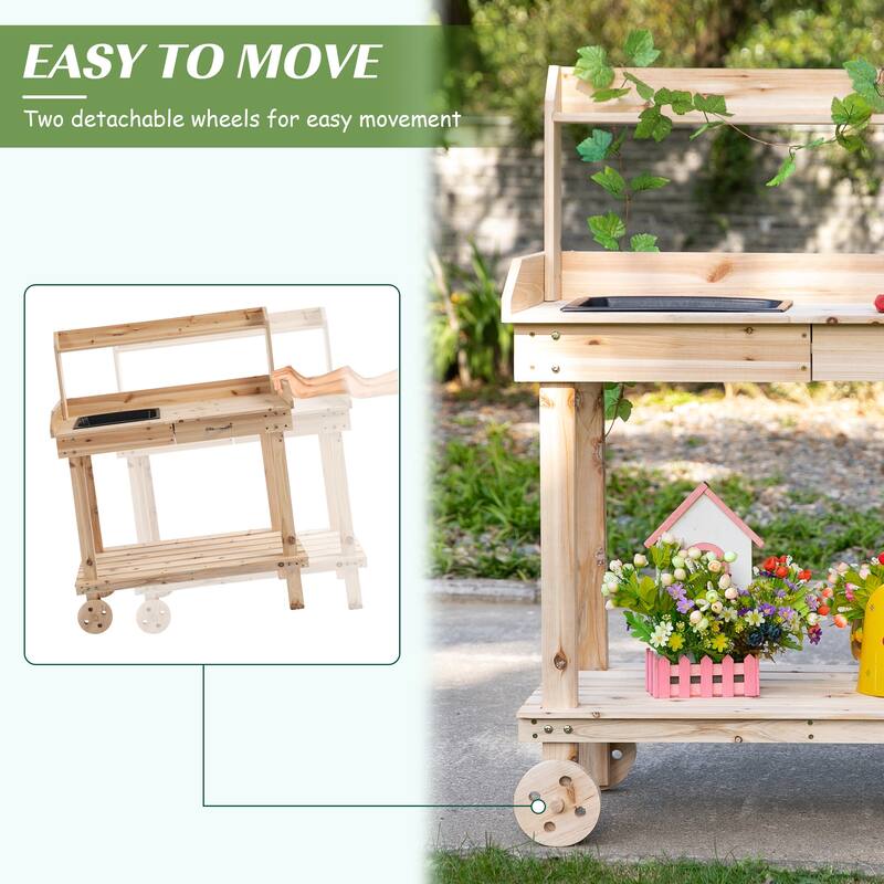 Outsunny 36.25" x 17.75" x 46.75'' Wooden Potting Bench Work Table with 2 Removable Wheels & Large Storage Spaces