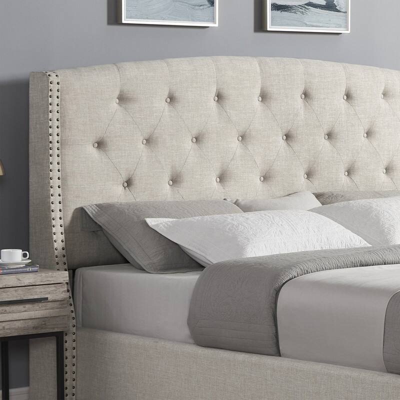 3-Piece Upholstered Bedroom Set, Tufted Wingback Bed with Two Nightstands - Gray/White