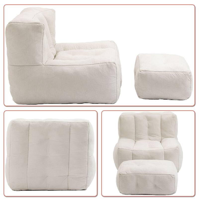 Velvet Upholstered Bean Bag Chair Lazy Chair with an Ottoman