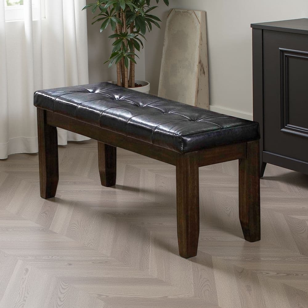 Leatherette Upholstered Tufted Wooden Bench with Chamfered Legs, Brown