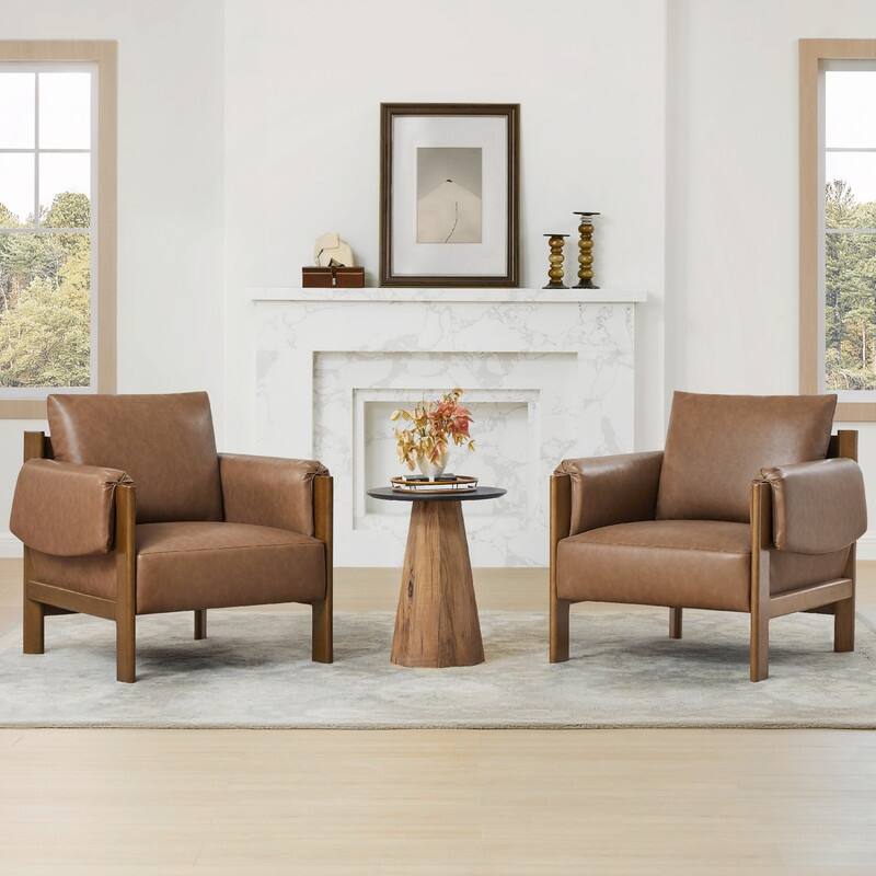 Carol Mid Century Modern Upholstered Accent Arm Chair with Wood Legs - Set of 2 - Saddle Brown&Walnut