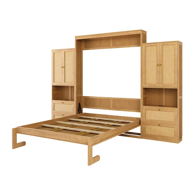 Foldable Bed Convert Cube Cabinet Rattan Murphy Bed Space-Saving Bed
