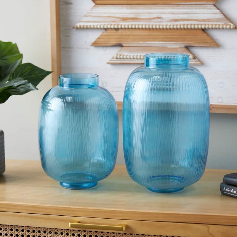 Blue Glass Ribbed Decorative Vase (Set of 2) - Blue