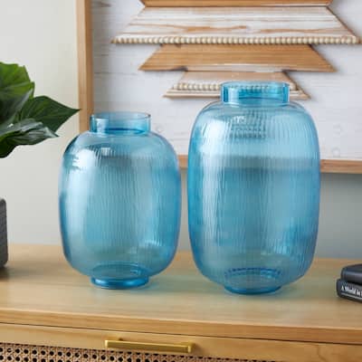 Blue Glass Ribbed Decorative Vase (Set of 2)