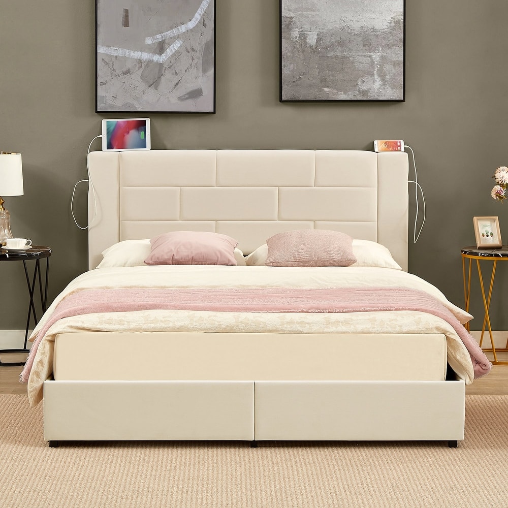 VECELO Upholstered Storage Bed Frame with 2 Side USB Ports and 4 Big Space Drawers, Velvet Headboard and Charging Station-Ports