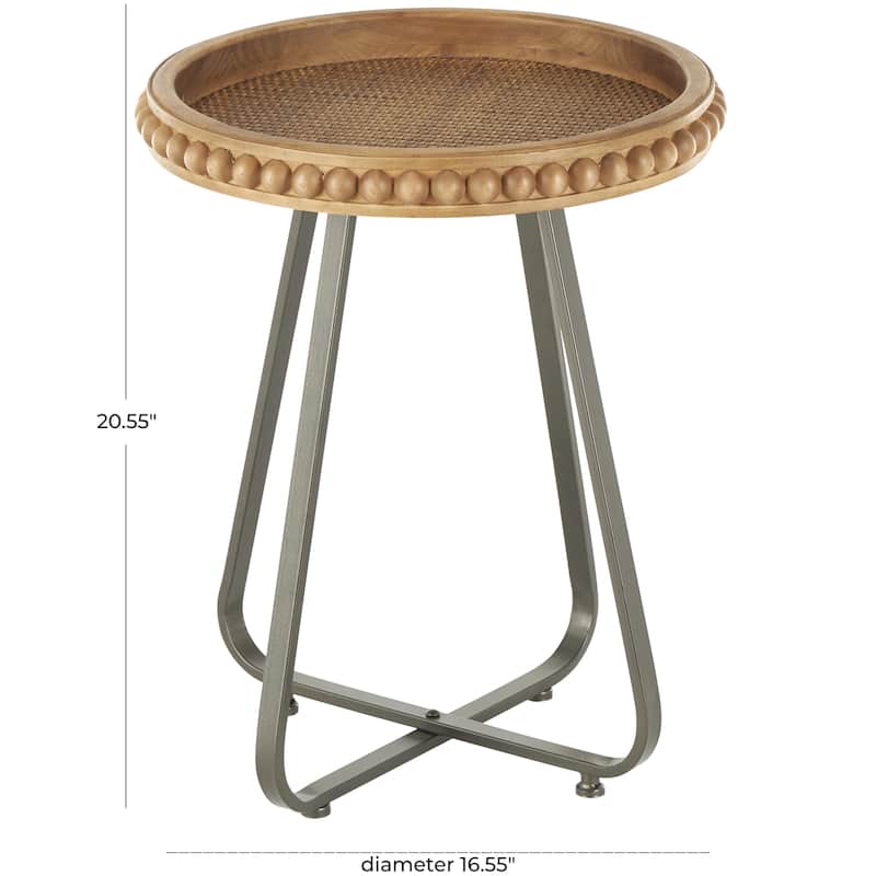 Wood Beaded Accent Table with Rounded Gray Metal Base and Rattan Accent - Brown - Roche River Decor