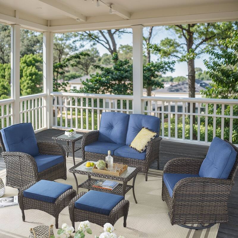 Outdoor Loveseat Sofa Patio Ottomans with Swivel Chairs - Brown - Blue