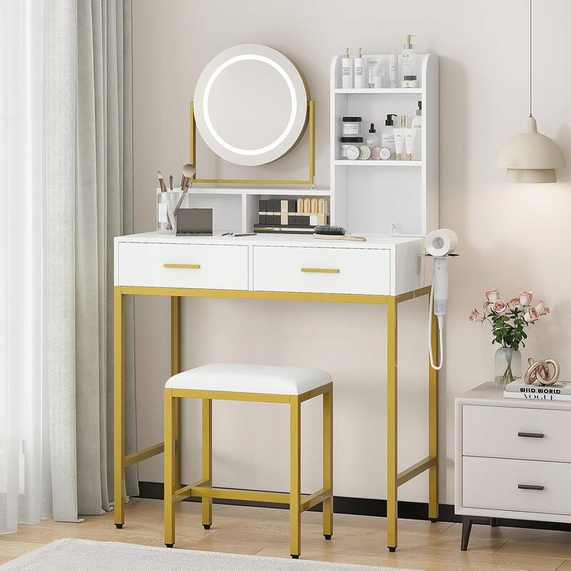 2 Drawer Makeup Vanity Desk Set with Mirror and Light for Bedroom, Dressing Room