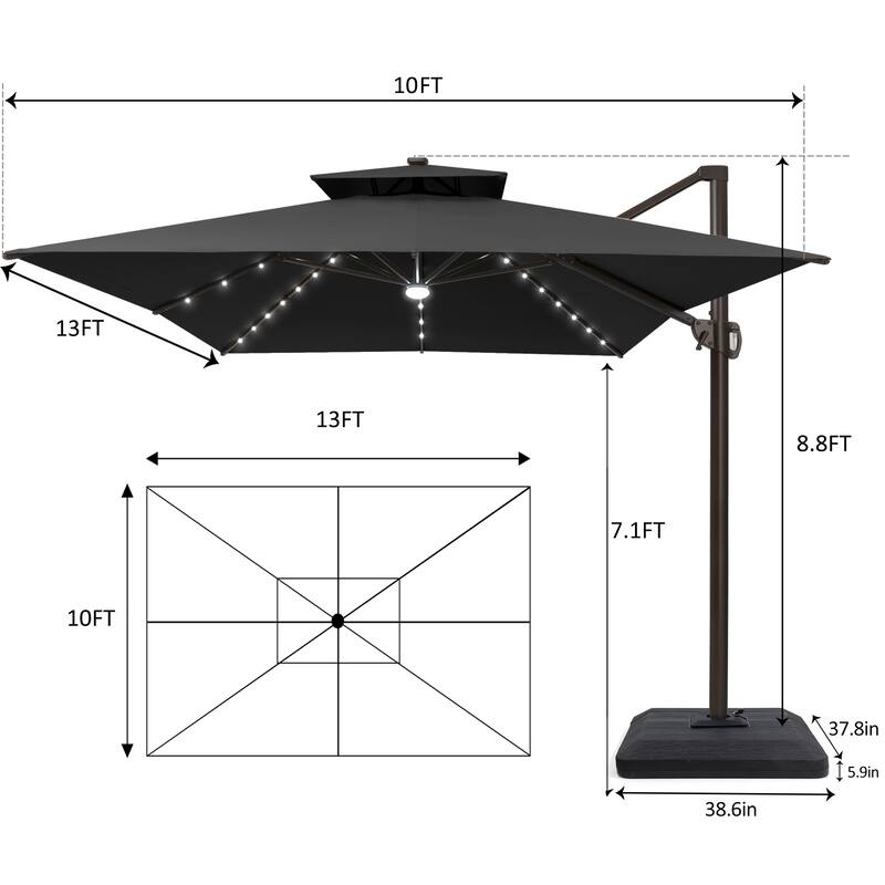 10 X 13 FT Outdoor Patio Cantilever Umbrella with Solar Lights 4-Piece Premium Base Double Canopy 360 Rotation Tilt