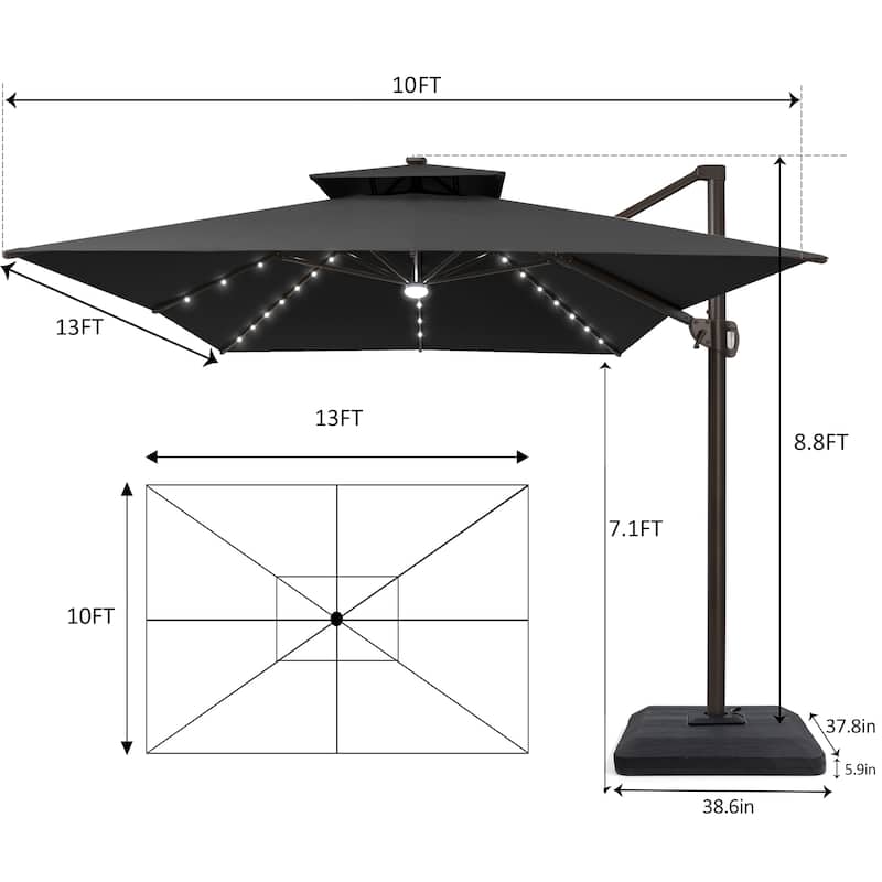 Pellebant 10 x 13FT Outdoor Rectangular Cantilever Patio Umbrella Solar LED Lighted with Premium Base