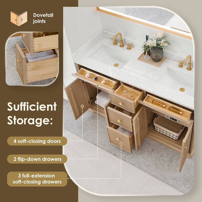 Barnett Bathroom Vanity in Natural Oak with Grain White Engineered Stone Countertop No Mirror