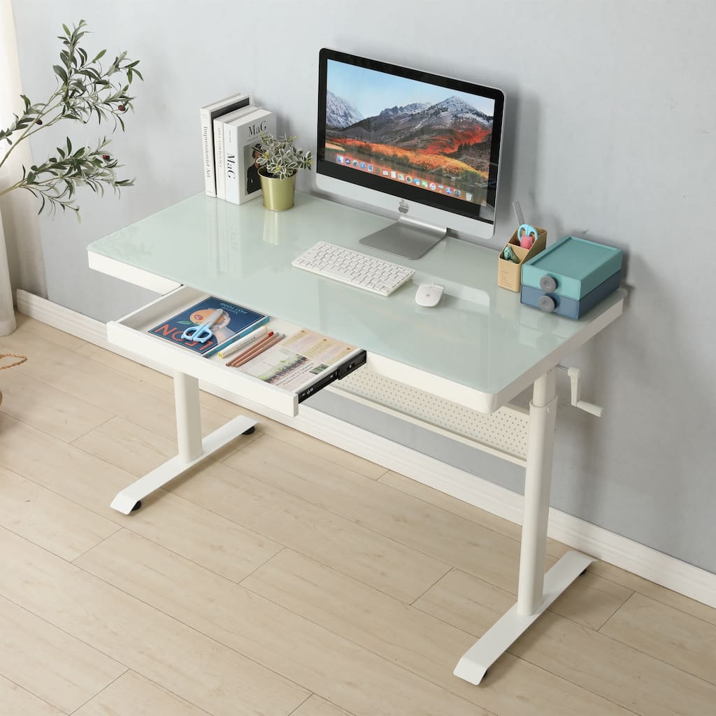 48 x 24 Inches Tempered Glass Standing Desk with Metal Drawer