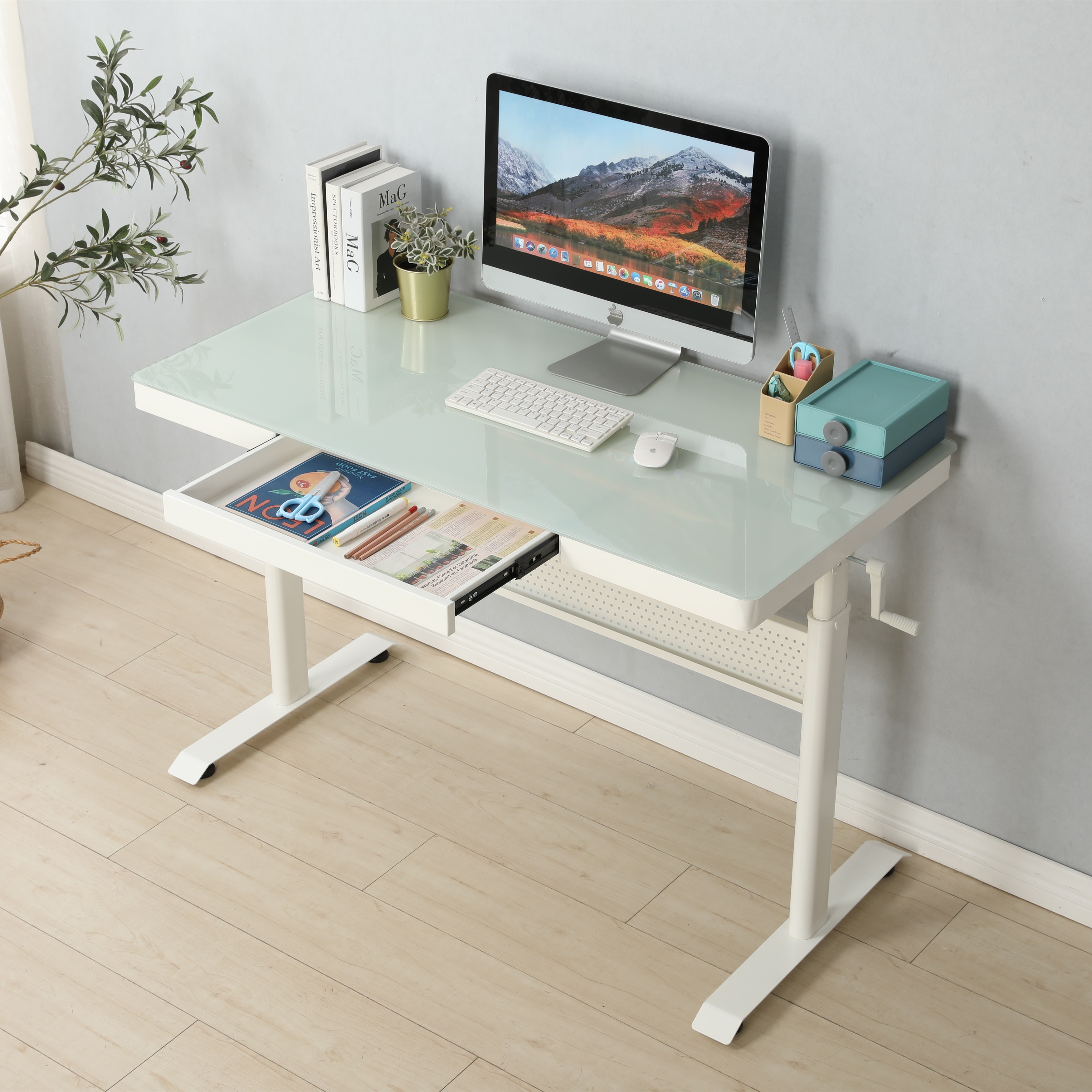 Tempered Glass Standing Desk with Metal Drawer, Adjustable Height Stand up Desk, Sit Stand Home Office Desk