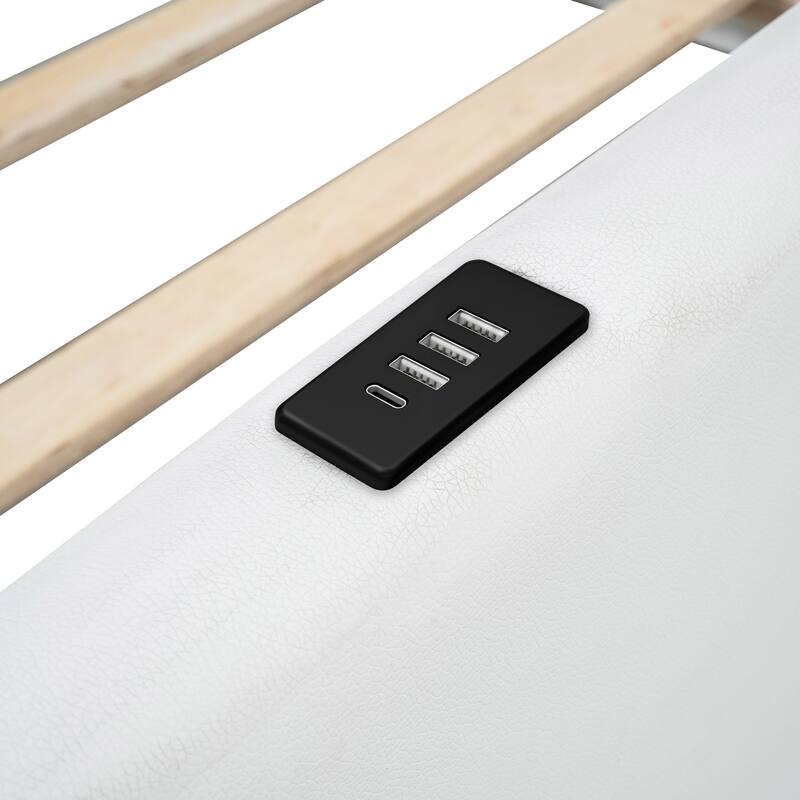 Safe White Twin Upholstered Bed with Guardrail & Charging Station!