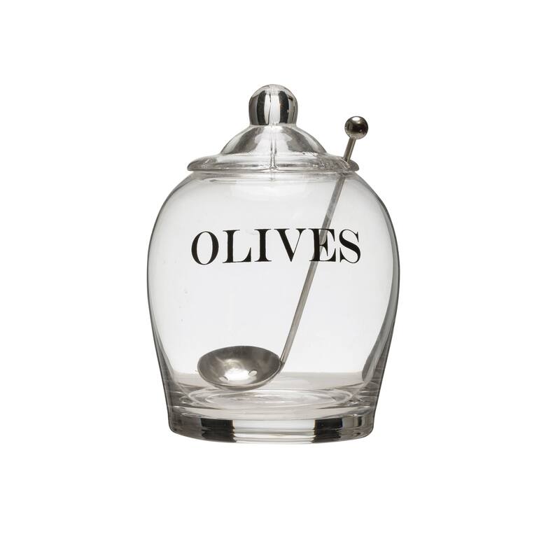 Clear Glass "OLIVE" Jar with Lid & Slotted Stainless Steel Spoon (Set of 3 Pieces including Lid)