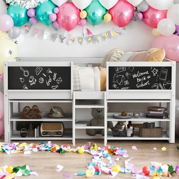 slide 2 of 9, Twin Size Low Loft Bed with Two Movable Shelves, Decorative Chalkboard Guardrail, and Integrated Ladder, White White