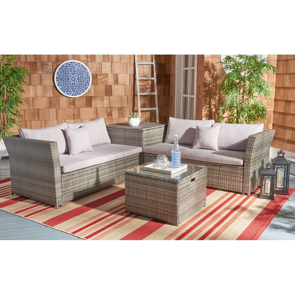SAFAVIEH Outdoor Patio Furniture Helga 4-Piece Conversation Set with Storage - 57"W x 31"D x 26"H
