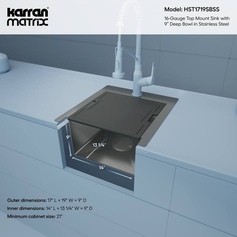 Karran USA HST1719SB Matrix 17" Drop In Single Basin Stainless Steel