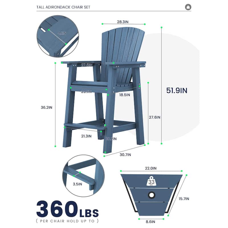 Outdoor Tall Adirondack Chair Set of 2 with Connecting Tray