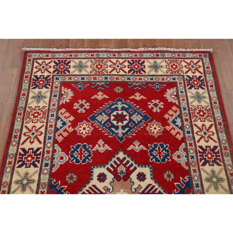 Geometric Red Kazak Accent Rug Handmade Wool Carpet - 3'4" x 5'3"