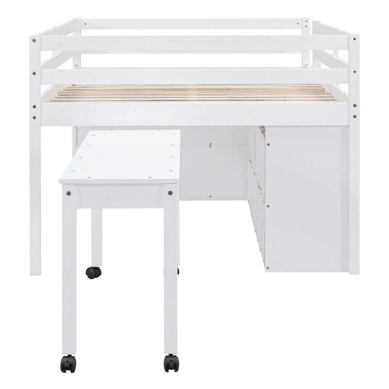 Twin/Full Size Low Loft Bed with Retractable Writing Desk and 4 Drawers, Wooden Loft Bedframe w/ Lateral Portable Desk & Shelves