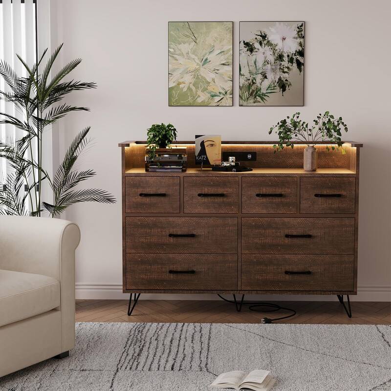 Tall Dresser for Bedroom with Charging Station & RGB Lights - 8 Drawer Wooden