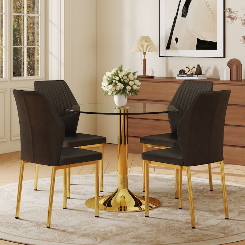 Modern 5-Piece Round Dining Table Set, Compact Dining Table & Chair Set for 4 with 35" Glass Table and 4 Upholstered Chairs