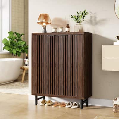 6-Tier Bathroom Floor Cabinet 2 Shutter Doors Adjustable Shelves Wooden Storage Sideboard for Kitchen/Living Room