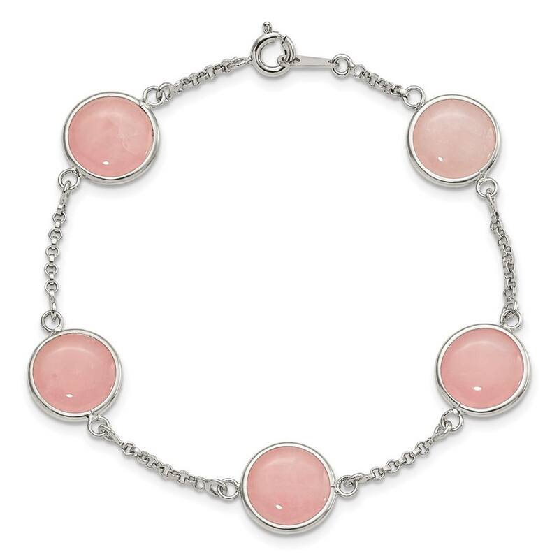 Curata 925 Sterling Silver 7.5" Opaque Bezel Rose Quartz Station Bracelet