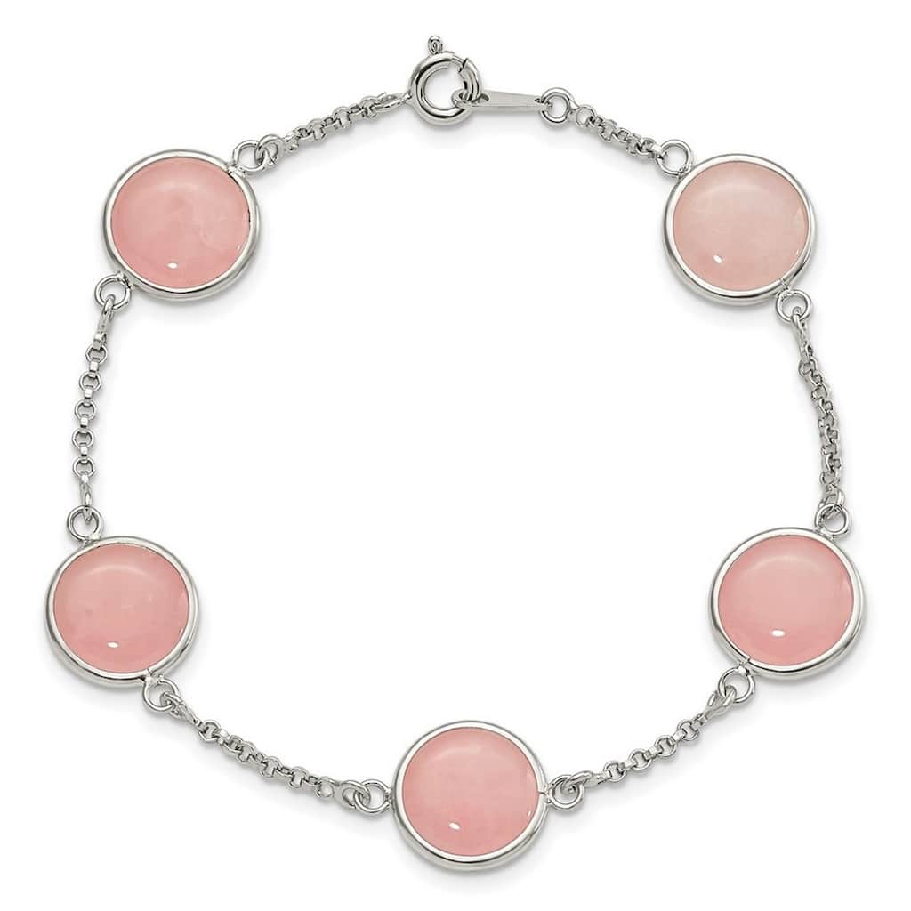 Curata 925 Sterling Silver 7.5" Opaque Bezel Rose Quartz Station Bracelet