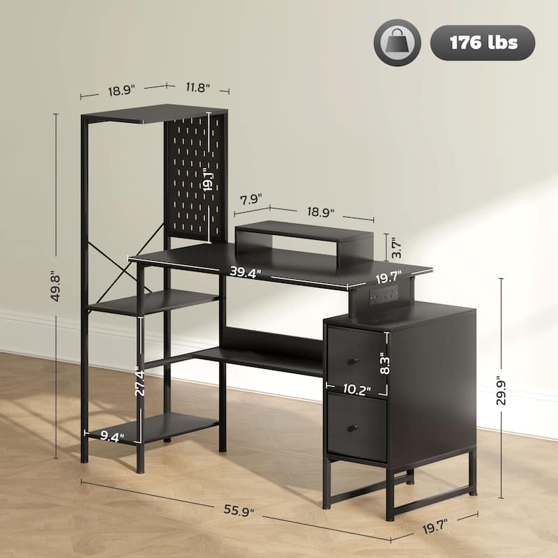 Gaming Desk with Storage and LED Lights, Computer Desk with Power Outlets USB C and Monitor Shelf for Home Office