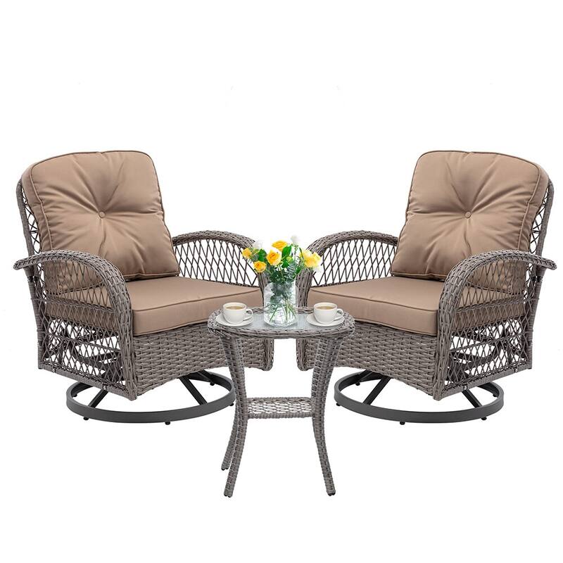 3 Pieces Outdoor Swivel Rocker Chairs, 360 Degree, Thickened Cushions & Glass Coffee Table