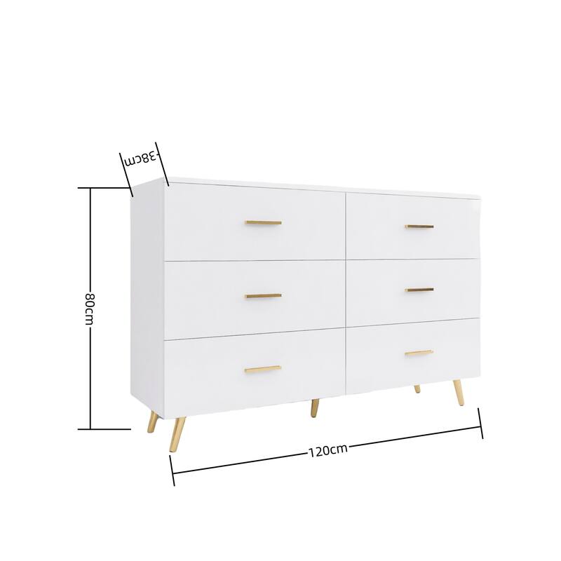 Modern High-Gloss Dressing Table, Lockers with 6 Large Drawers and Anti-Tipping Design, for Bedroom, White