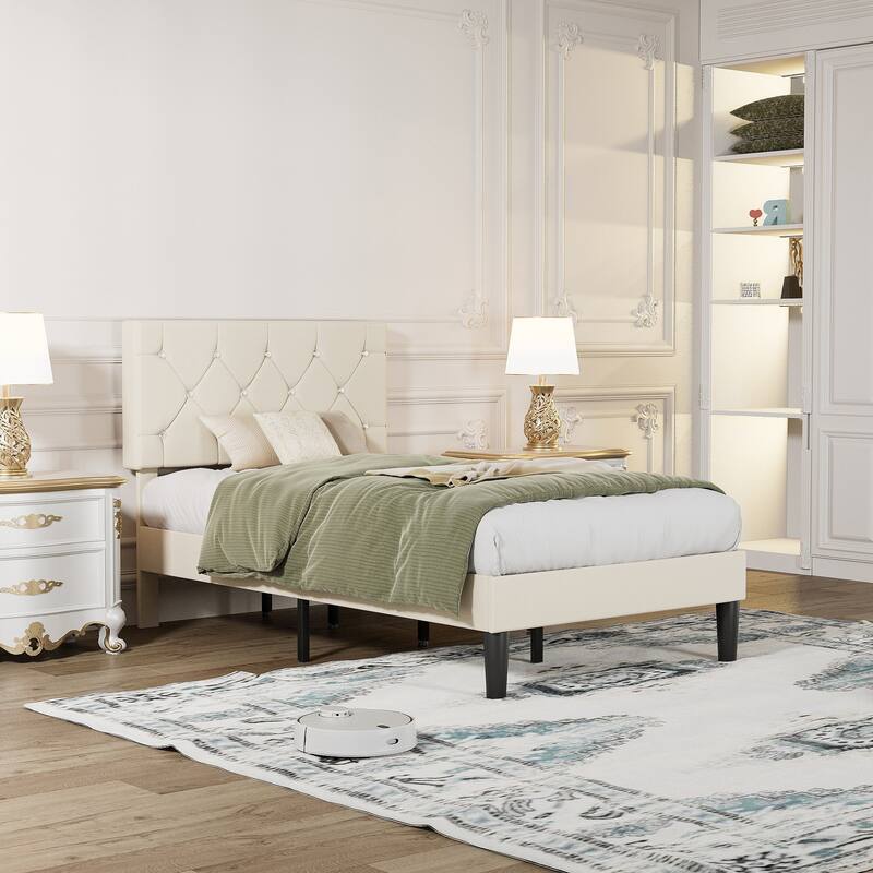 VECELO Upholstered Kids Bed Frame with Diamond Tufted Headoard,Twin Size Bed Set of 2