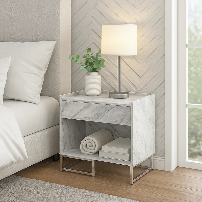 Faux Marble Accent Table with Chrome Finish, White