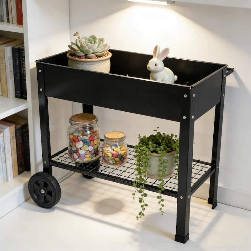 Anmytek Black Mobile Raised Garden Bed Cart with Storage Shelf Rolling Metal Planter Station with Large Wheels for Patio Balcony