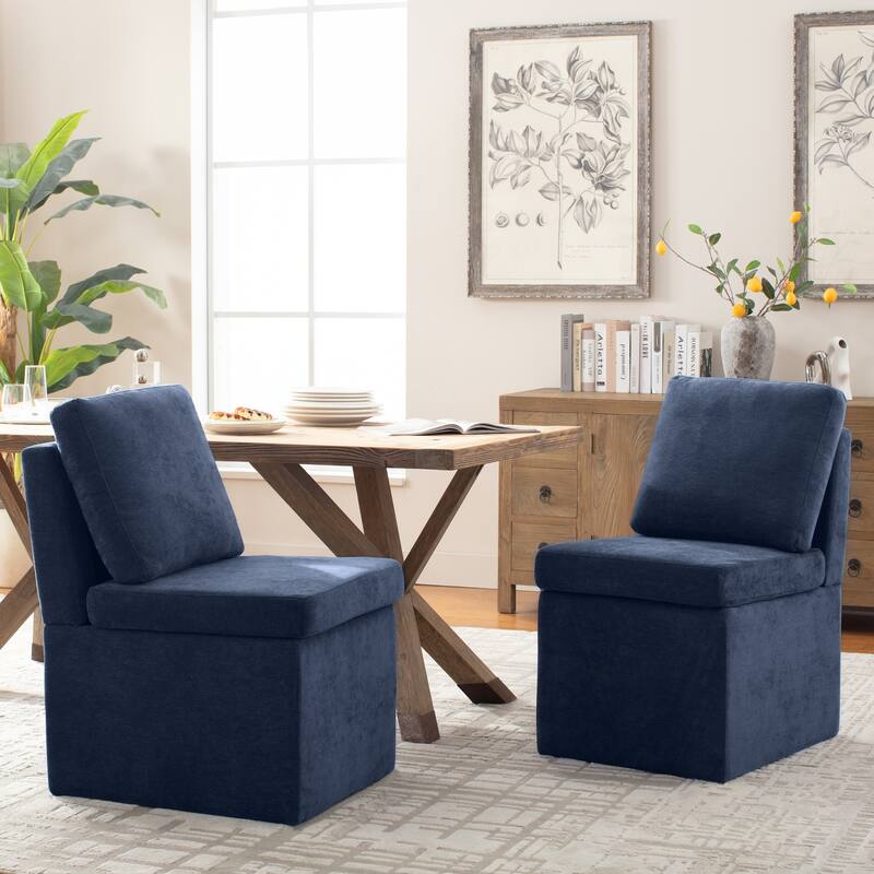 Upholstered Dining Chair with Under Seat Storage- Armless - Set of 2 - Dark Blue
