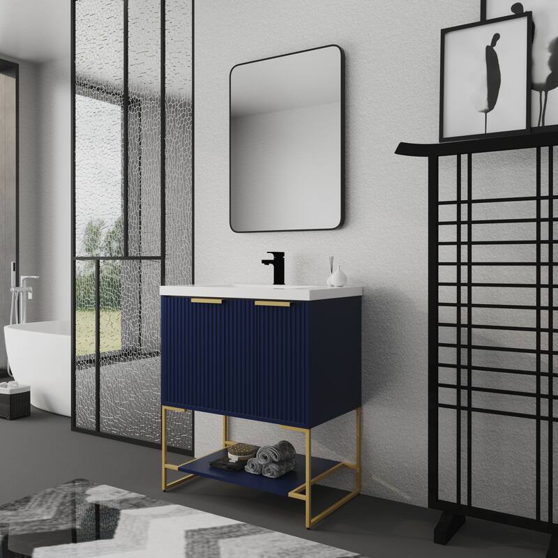 30-Inch Freestanding Bathroom Vanity with Resin Sink, Plywood Construction, Metal Feet & Shelf - Durable and Stylish Design