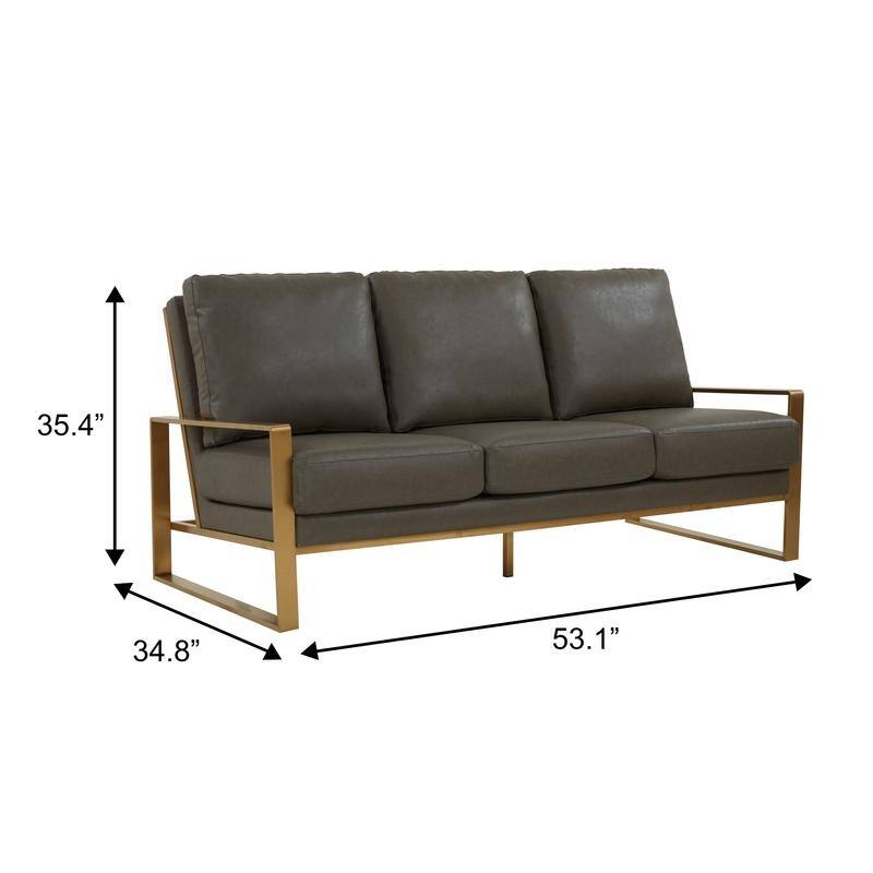 Jefferson Modern Leather Upholstered 3 Seater Loveseat Sofa Chair in Brushed Gold Steel Base with Armrest Removable Cushion