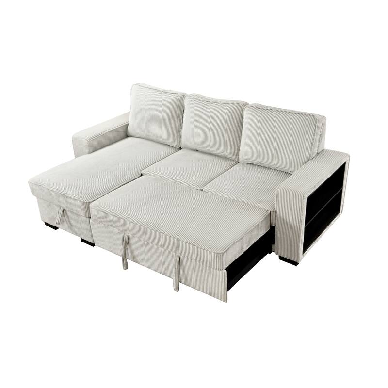 L-Shaped Sectional Convertible Sleeper Sofa Bed with Storage, USB Port & Cup Holder - Beige