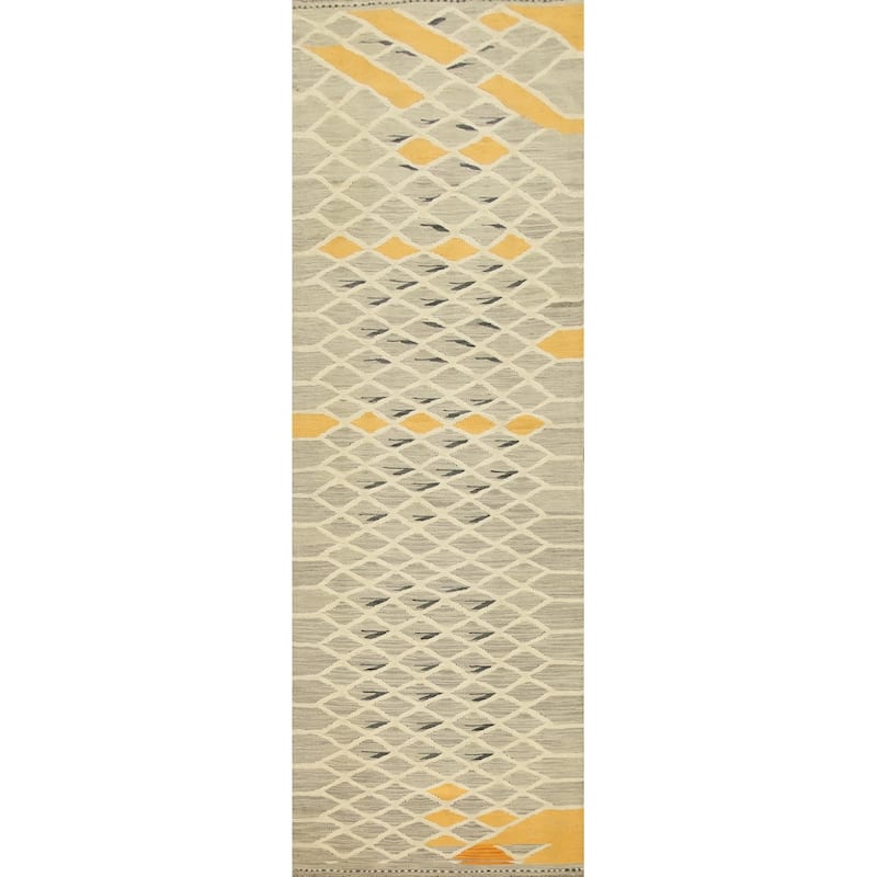 Hand Woven Oriental 100% Wool Carpet Southwestern Modern Greys & Charcoal Kilim Runner Rug - 9' 9'' X 2' 8''