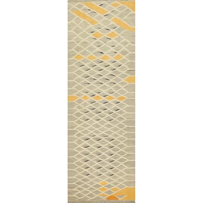 Hand Woven Oriental 100% Wool Carpet Southwestern Modern Greys & Charcoal Kilim Runner Rug - 9' 9'' X 2' 8''